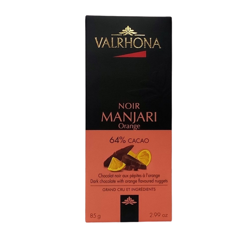 Chocolate negro Manjari 64% con pepitas de naranja